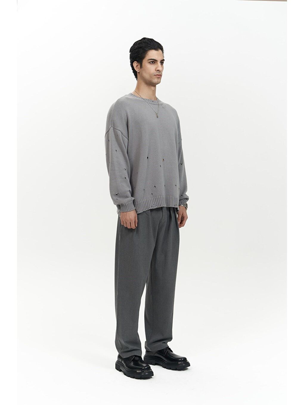 Gri Alec Fitilli Yırtık Detay Füme Erkek Triko Kazak-2