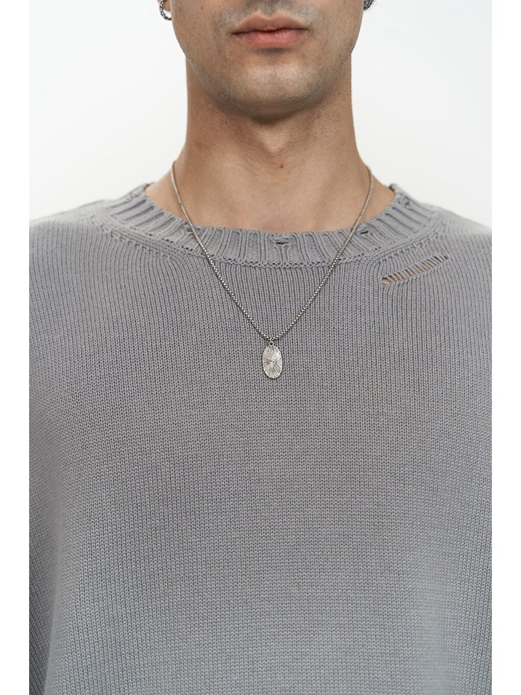 Gri Alec Fitilli Yırtık Detay Füme Erkek Triko Kazak-4