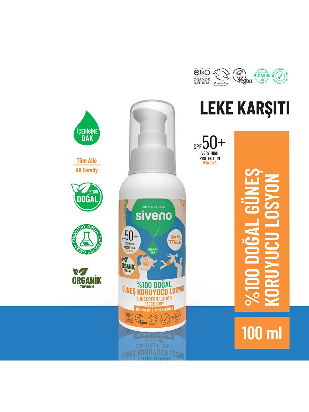 %100 Doğal ve Organik Tamanu Yağlı Güneş Losyonu Mineral Filtreli Tüm Aile İçin SPF 50+ 100 ml