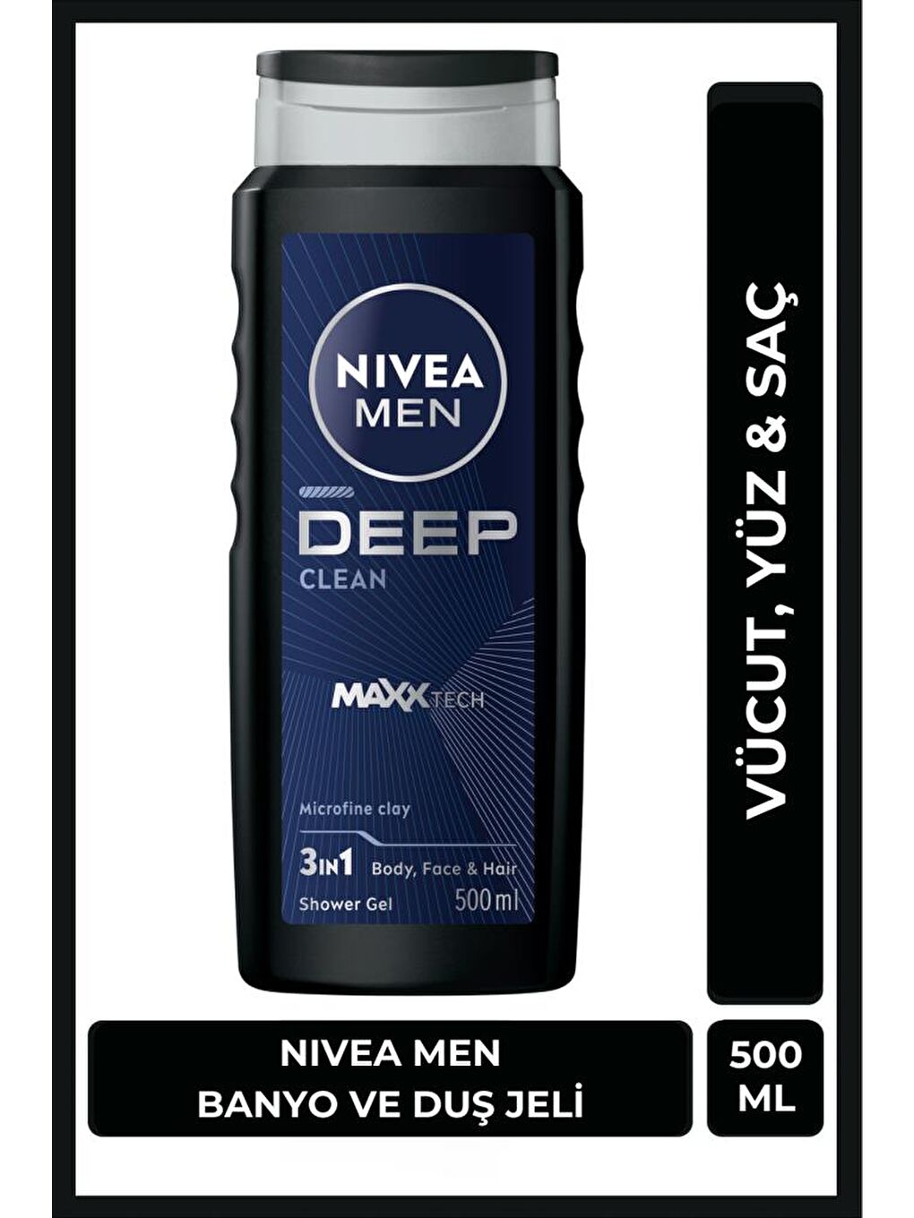 NIVEA Şeffaf MEN Erkek Deep Dimension Banyo ve Duş Jeli 500ml, 3'ü1 Arada Komple Bakım, Vücut Saç ve Yüz