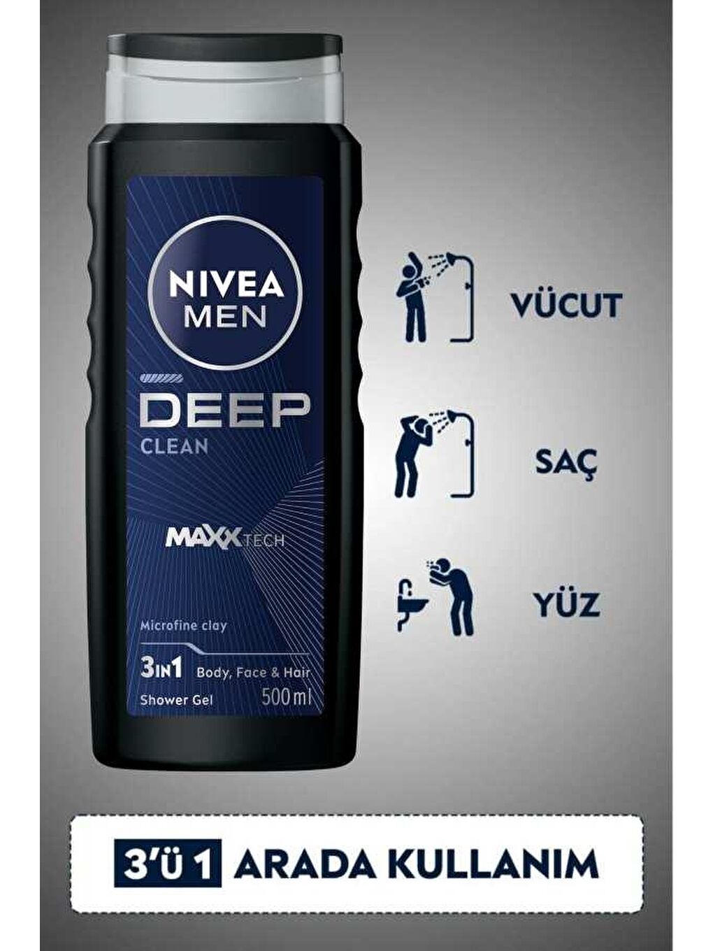 NIVEA Şeffaf MEN Erkek Deep Dimension Banyo ve Duş Jeli 500ml, 3'ü1 Arada Komple Bakım, Vücut Saç ve Yüz - 4