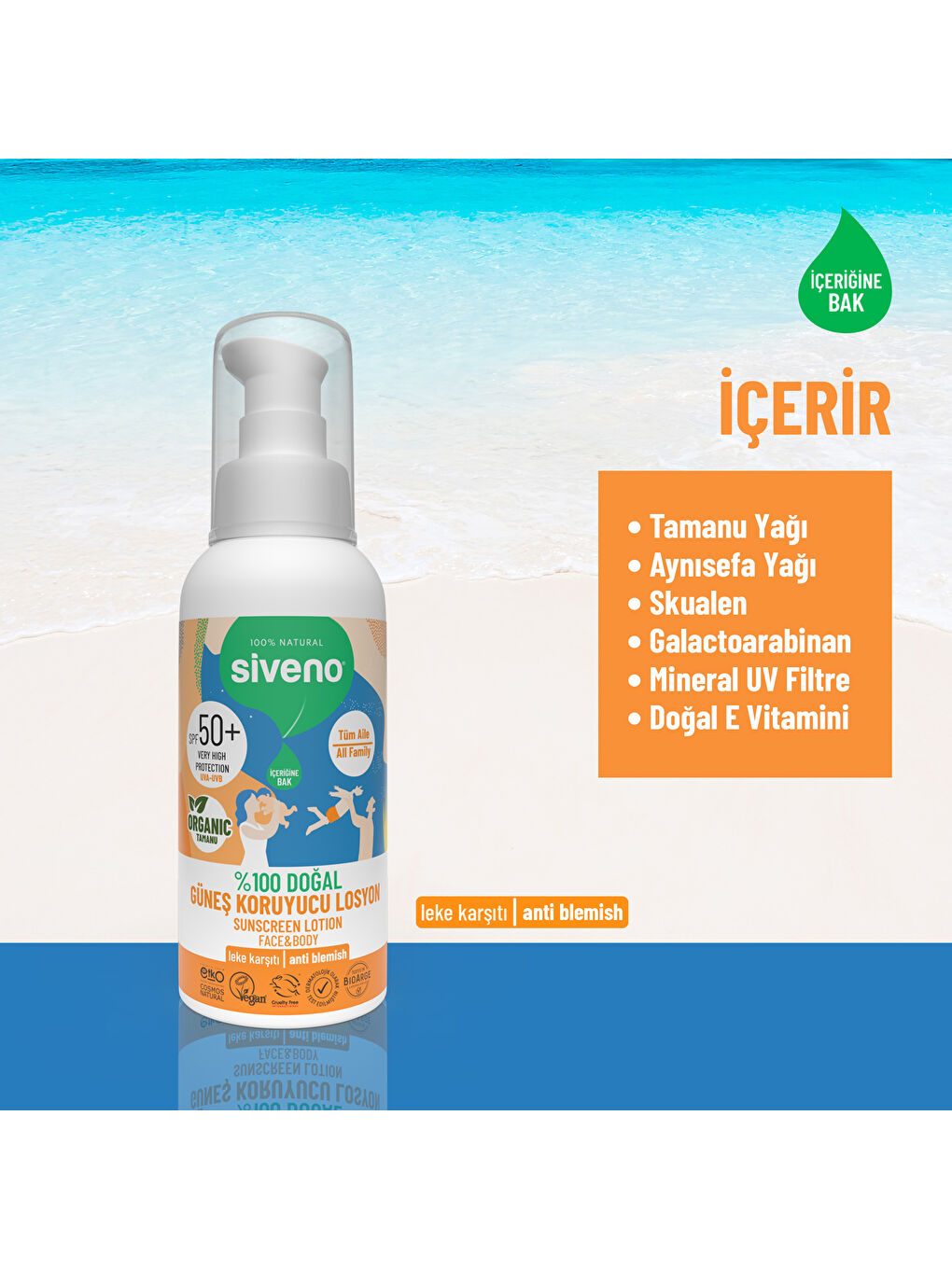 %100 Doğal ve Organik Tamanu Yağlı Güneş Losyonu Mineral Filtreli Tüm Aile İçin SPF 50+ 100 ml-3