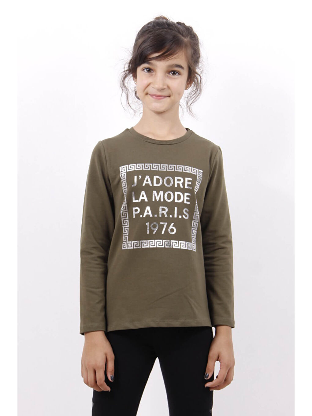 Haki Kız Çocuk Jadore Varak Baskılı Sweatshirt