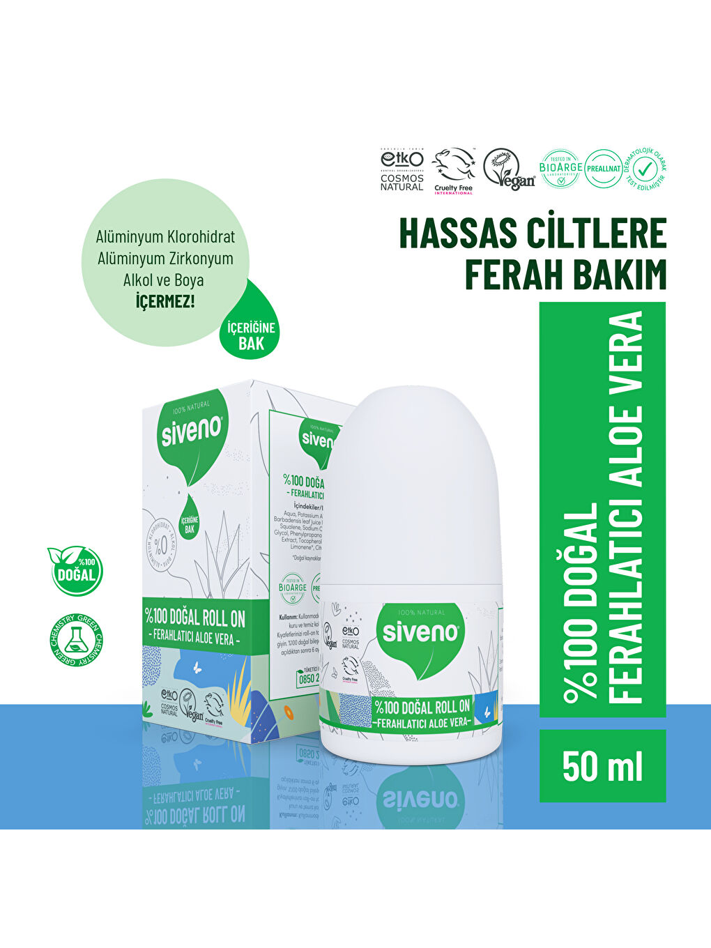 %100 Doğal Roll-On Aloe Vera Deodorant Ter Kokusu Önleyici Bitkisel Lekesiz Vegan 50 ml