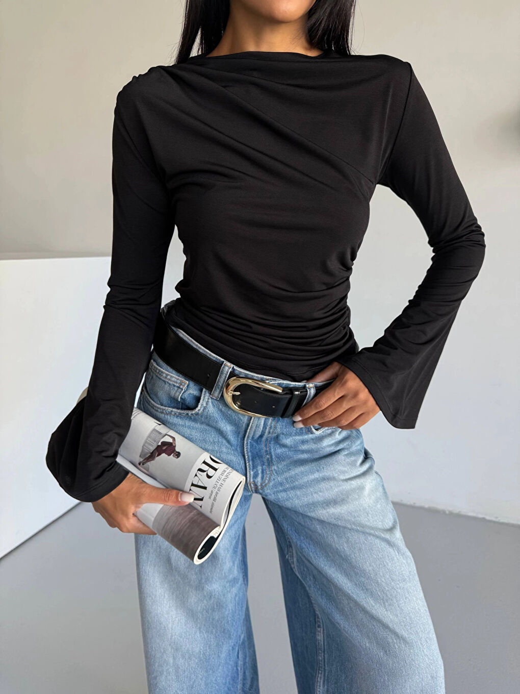 Kadın Siyah Drape Detaylı İspanyol Kol Sany Bluz HZL25W-FRY123431-1