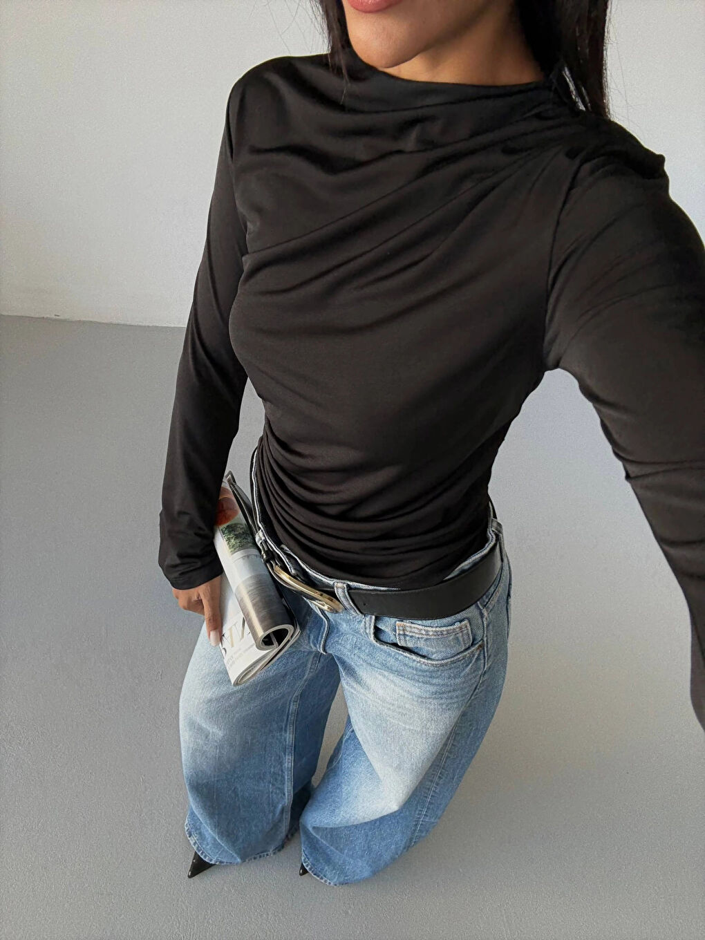 Kadın Siyah Drape Detaylı İspanyol Kol Sany Bluz HZL25W-FRY123431-2