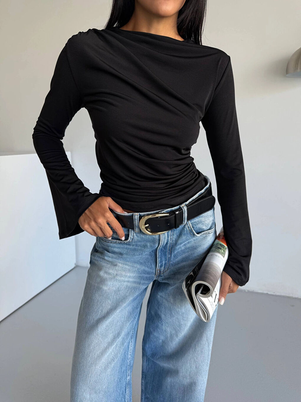 Kadın Siyah Drape Detaylı İspanyol Kol Sany Bluz HZL25W-FRY123431-3