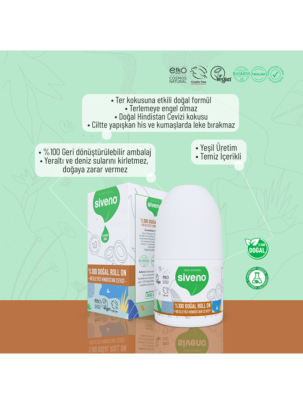 %100 Doğal Roll On Hindistan Cevizli Deodorant Ter Kokusu Önleyici Bitkisel Lekesiz Vegan 50 ml-5