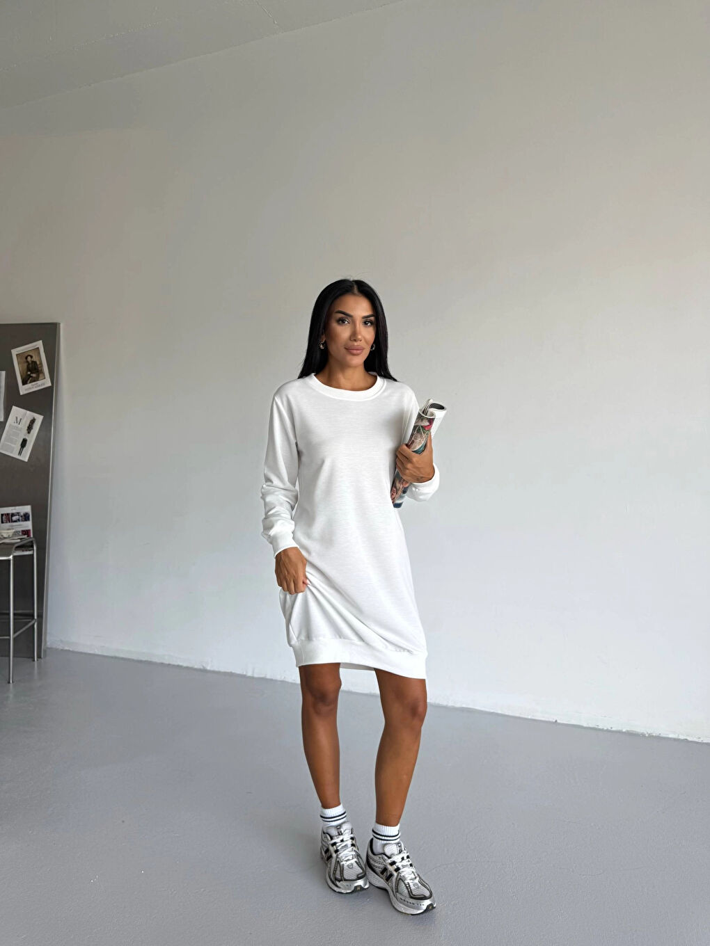 Kadın Beyaz Bisiklet Yaka 2 iplik Günlük Rahat Elbise HZL25W-FRY123451-1