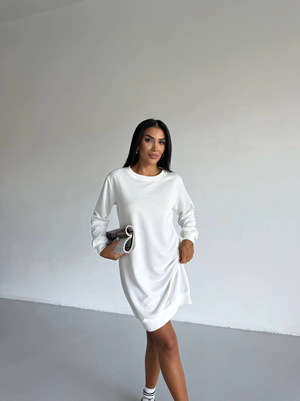 Kadın Beyaz Bisiklet Yaka 2 iplik Günlük Rahat Elbise HZL25W-FRY123451-2