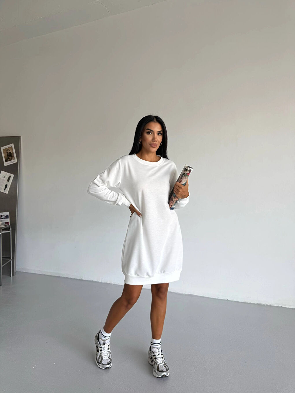 Kadın Beyaz Bisiklet Yaka 2 iplik Günlük Rahat Elbise HZL25W-FRY123451-3