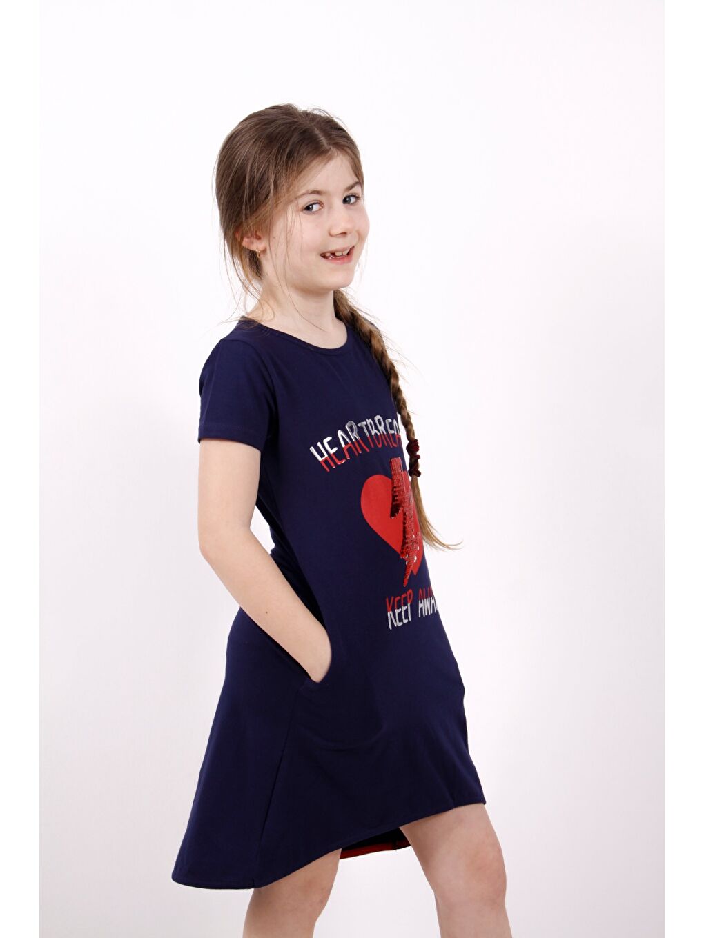 Lacivert Kız Çocuk Elbise Keep Away Baskı-2