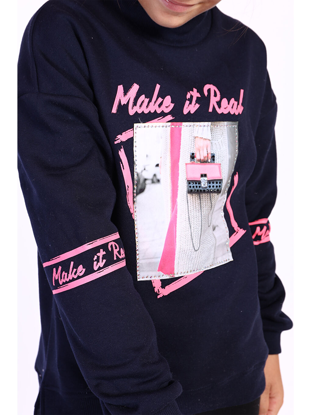 Lacivert Kız Çocuk Baskılı Taş İşlemeli Balıkçı Yaka Sweatshirt-3