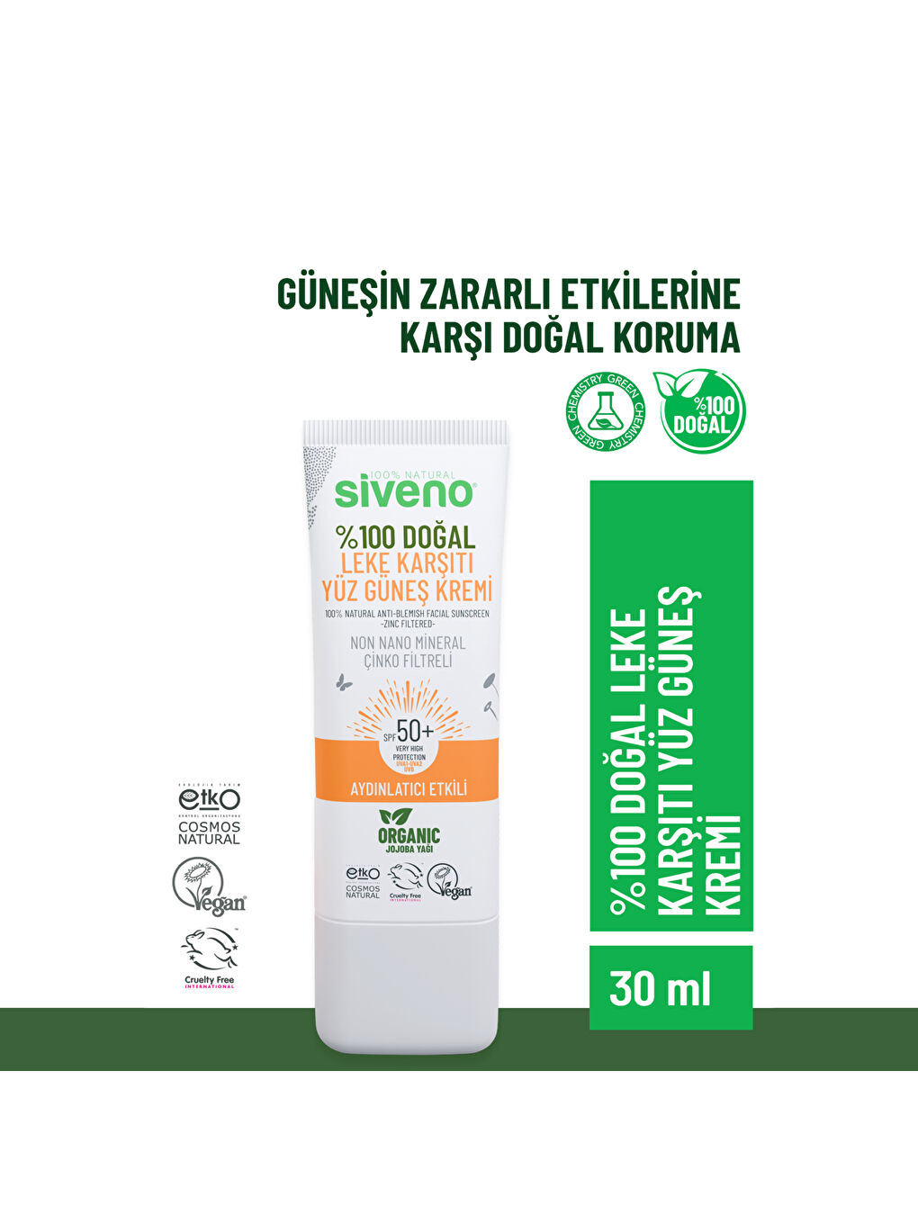 %100 Doğal Yüz Güneş Kremi Leke Karşıtı Aydınlatıcı Çinko Mineral Filtre UVA UVB SPF 50+ 30 ml