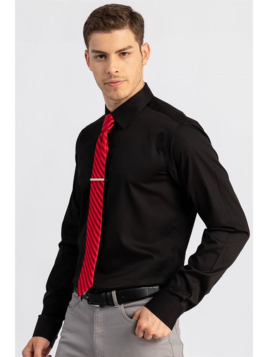 Modern Slim Fit Pamuk Saten Erkek Siyah Gömlek