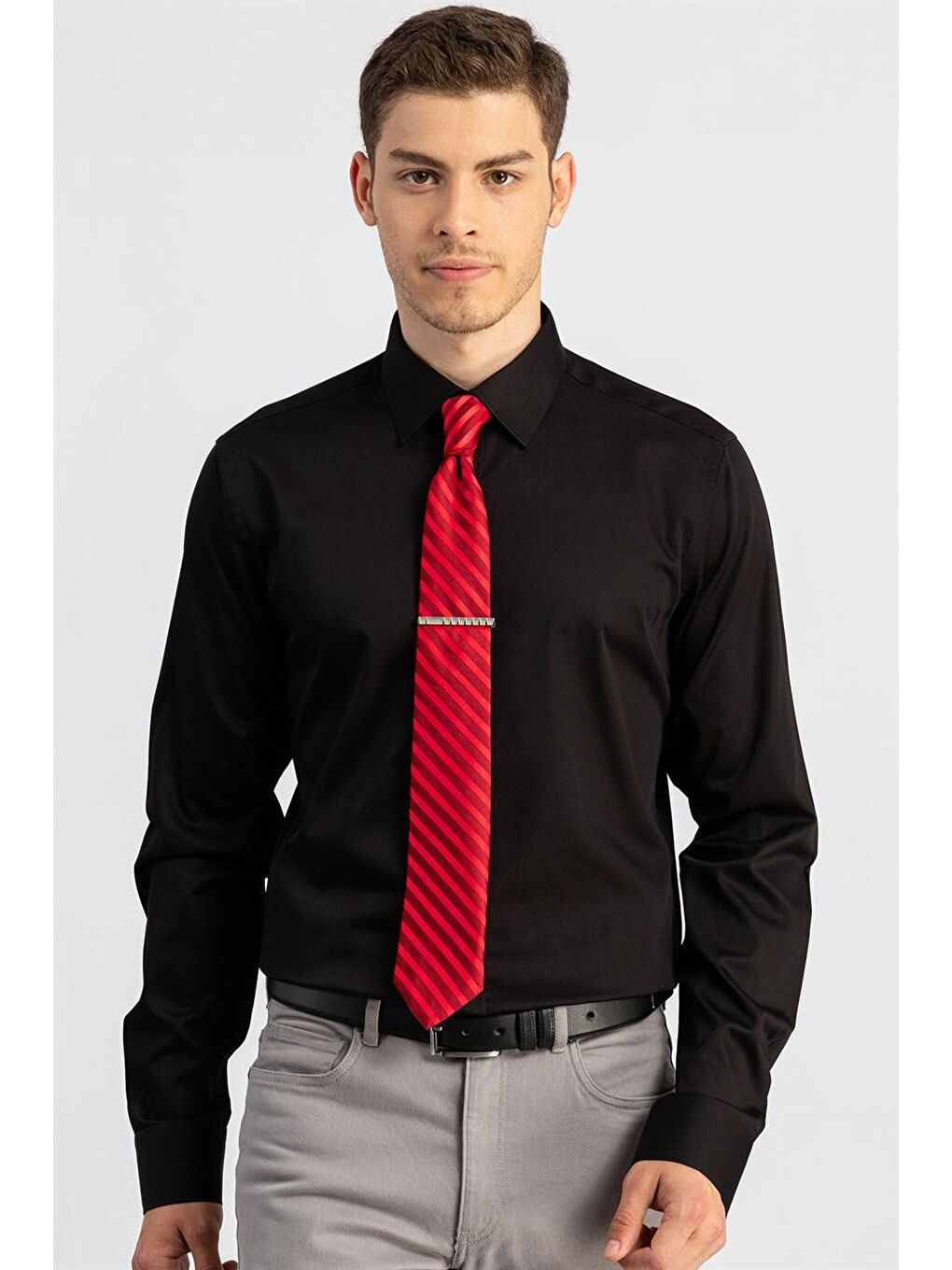 Modern Slim Fit Pamuk Saten Erkek Siyah Gömlek-1