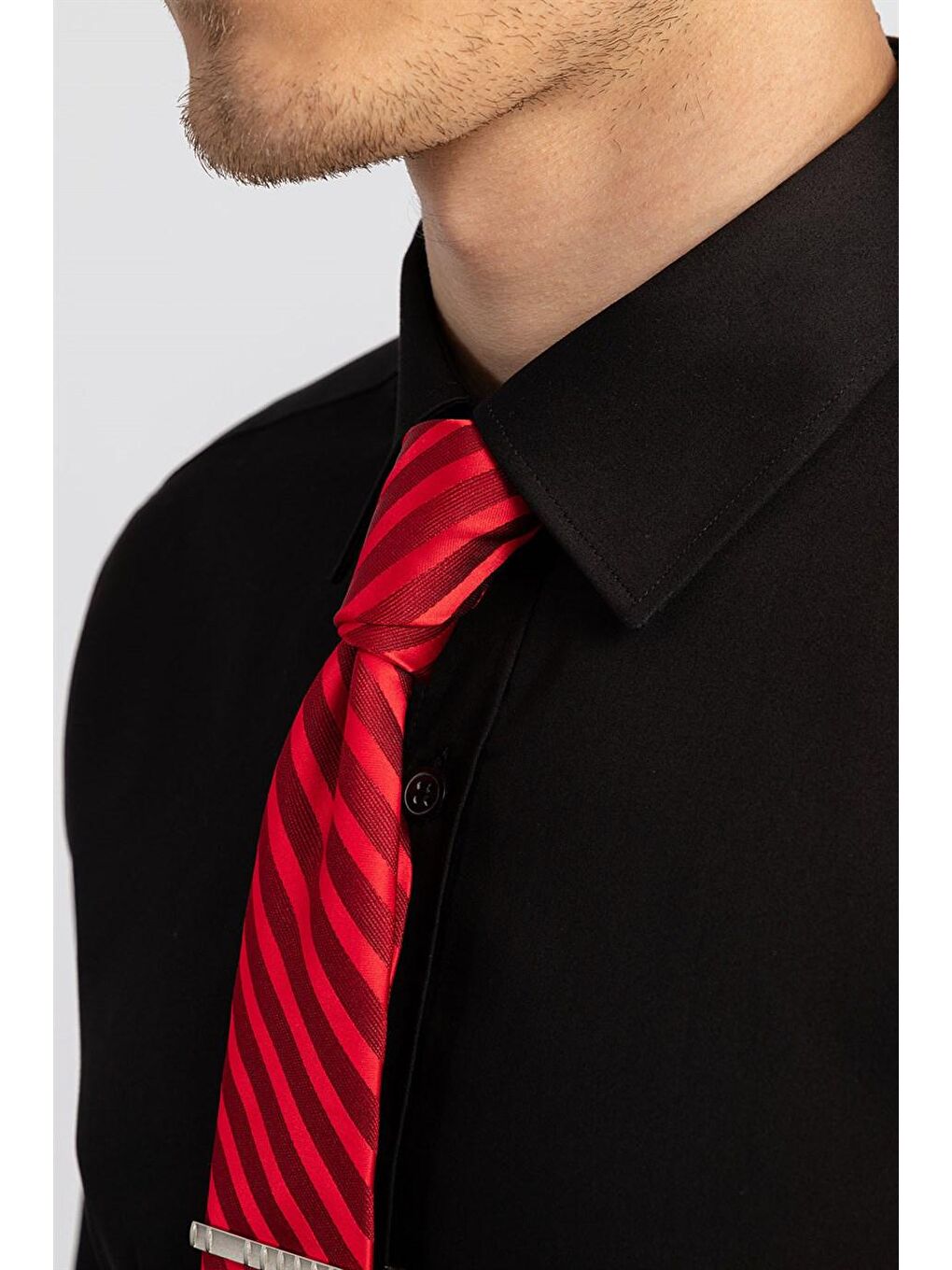 Modern Slim Fit Pamuk Saten Erkek Siyah Gömlek-2