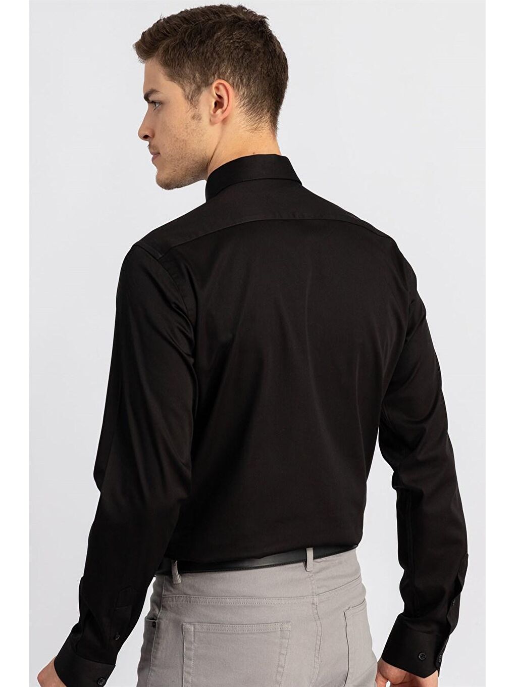 Modern Slim Fit Pamuk Saten Erkek Siyah Gömlek-3