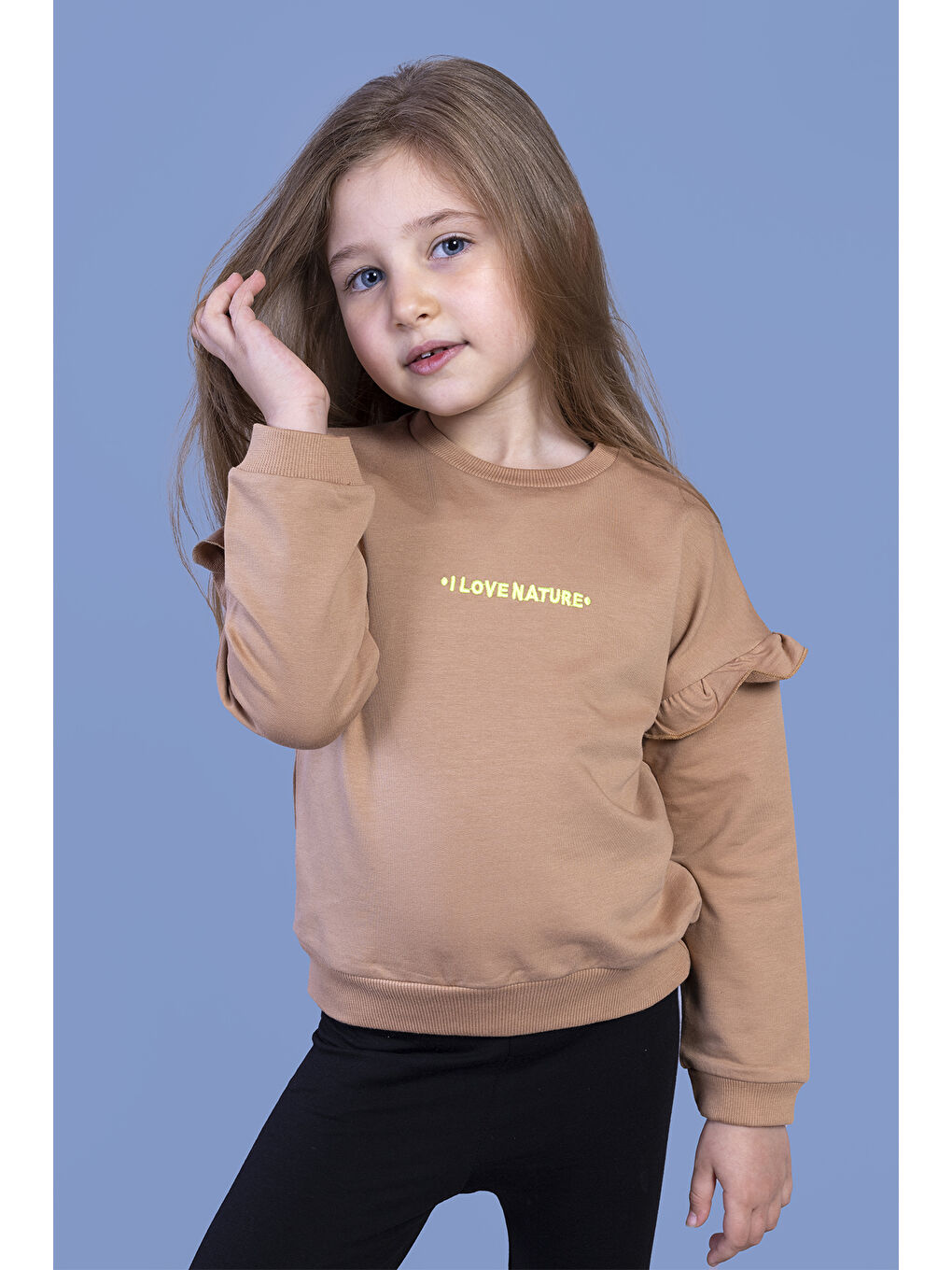 Kahverengi Kız Çocuk Kolları Fırfır Detaylı Nakışlı Sweatshirt-2