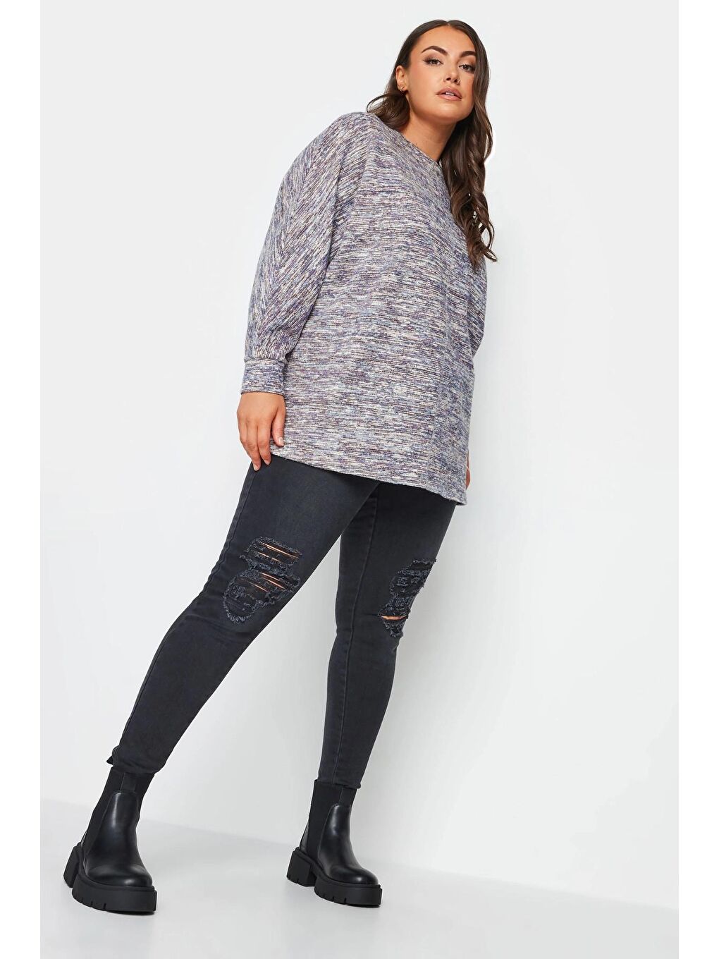 Gri Büyük Beden Önü Dikiş Detaylı Yumuşak Dokulu Örme Bluz 302601-1