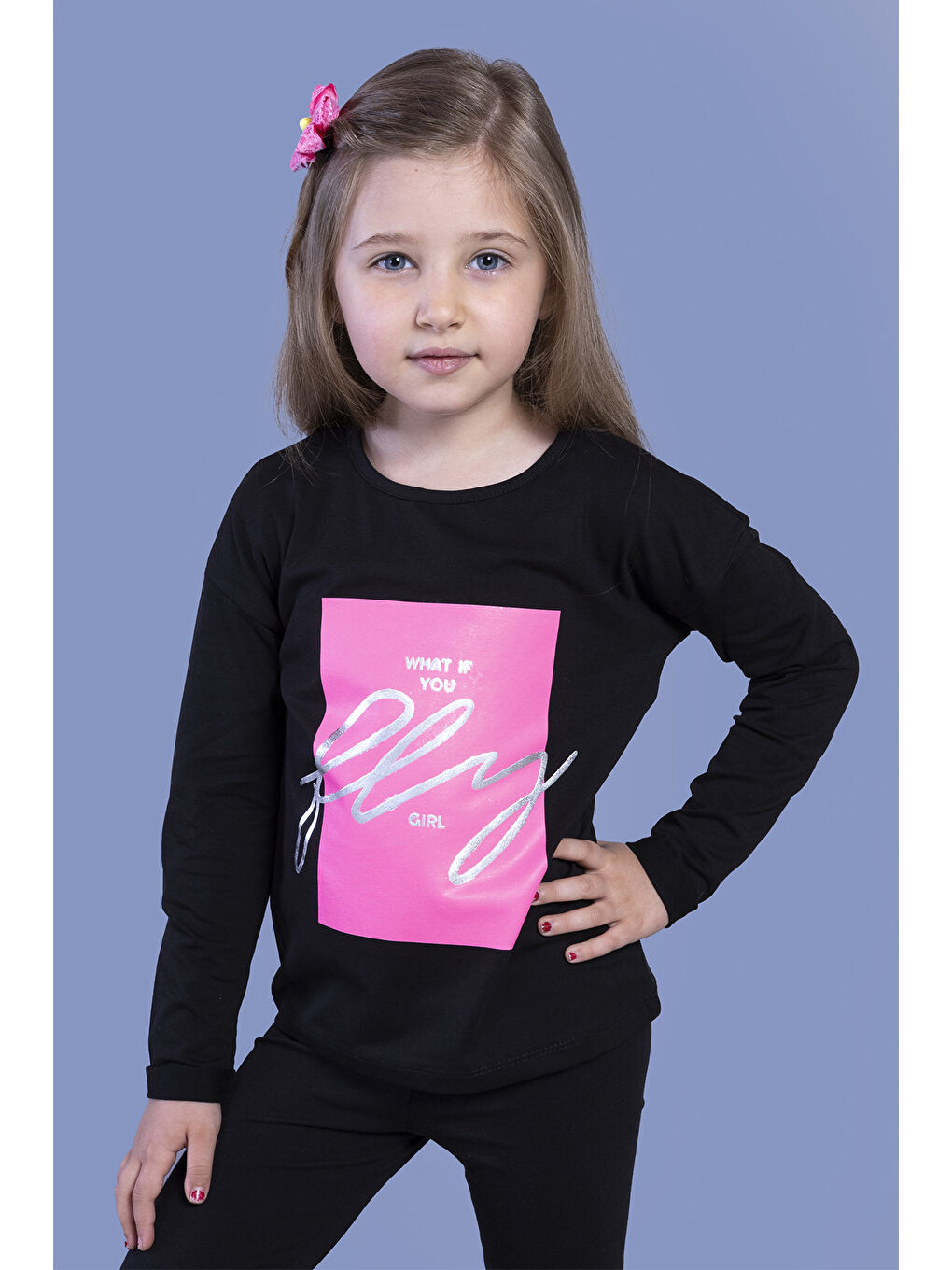 Siyah Kız Çocuk Baskılı Tişört-2