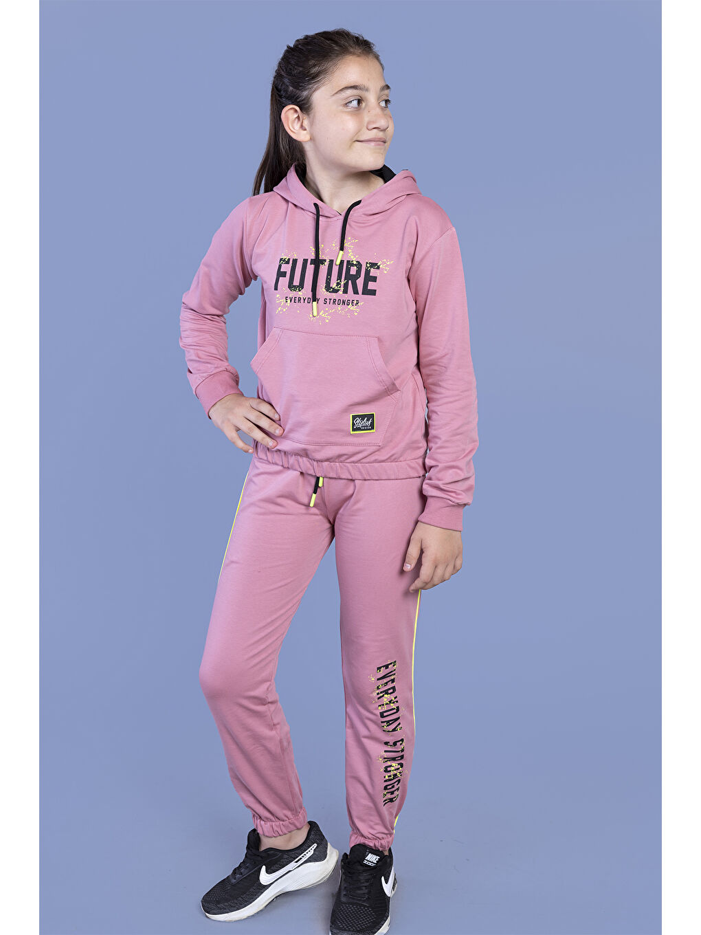 Pembe Kız Çocuk Baskılı Kanguru Cepli Eşofman Takımı-1