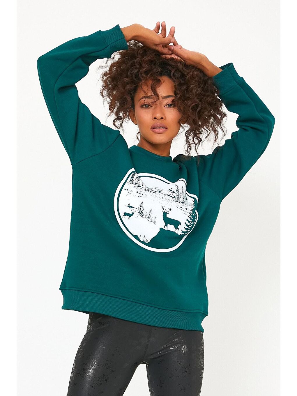 Yeşil Store Kadın Sweatshirt Içi Polarlı Baskılı Oversize Outdoor Sweatshirt-2