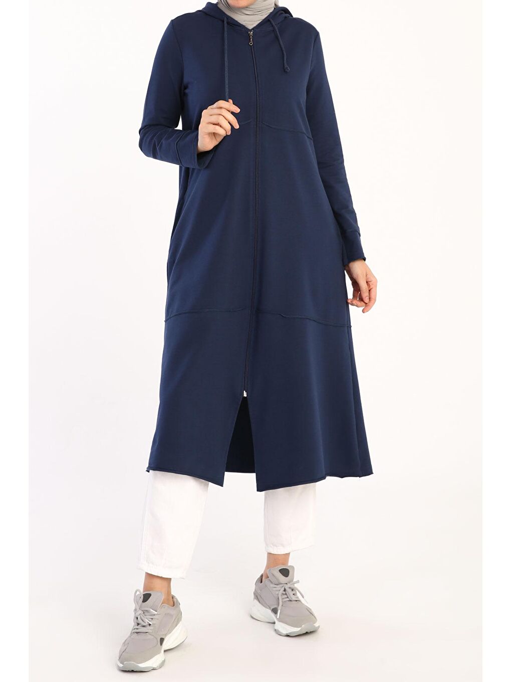 İndigo Pamuklu Kapüşonlu Hırka-1