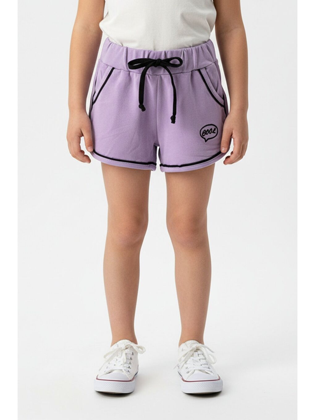 Lila Kız Çocuk Beli Lastikli İki Yanı Cepli Nakışlı Şort