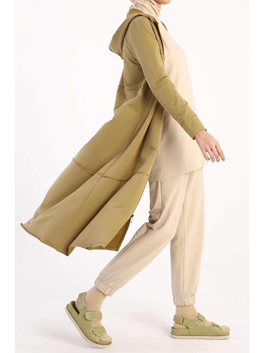 Yağ Yeşili Pamuklu Kapüşonlu Hırka