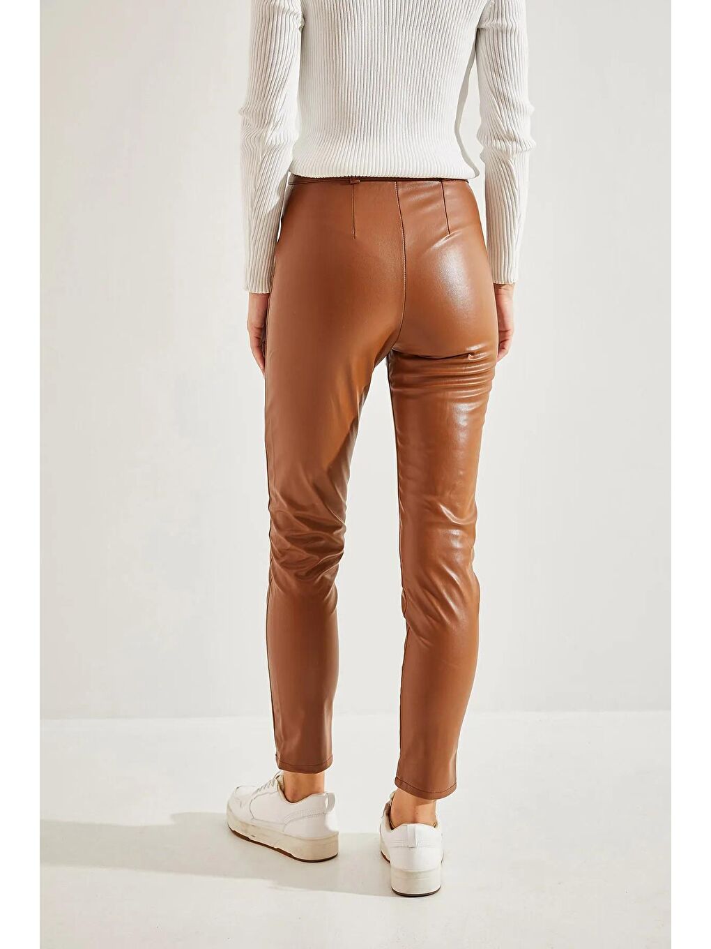 Kahverengi Kadın Çimalı Paça Yırtmaçlı Şardonlu Deri Pantolon-2