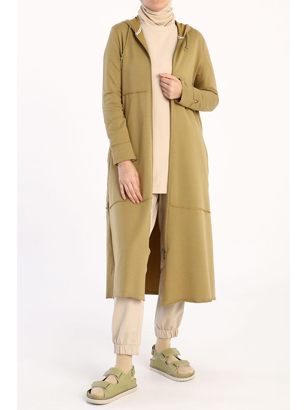 Yağ Yeşili Pamuklu Kapüşonlu Hırka-1