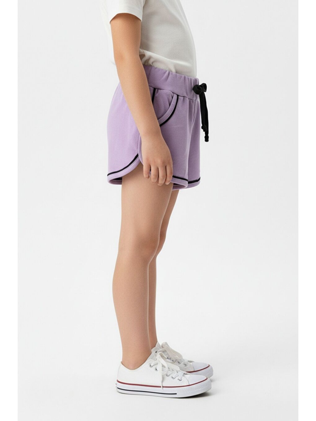 Lila Kız Çocuk Beli Lastikli İki Yanı Cepli Nakışlı Şort-4