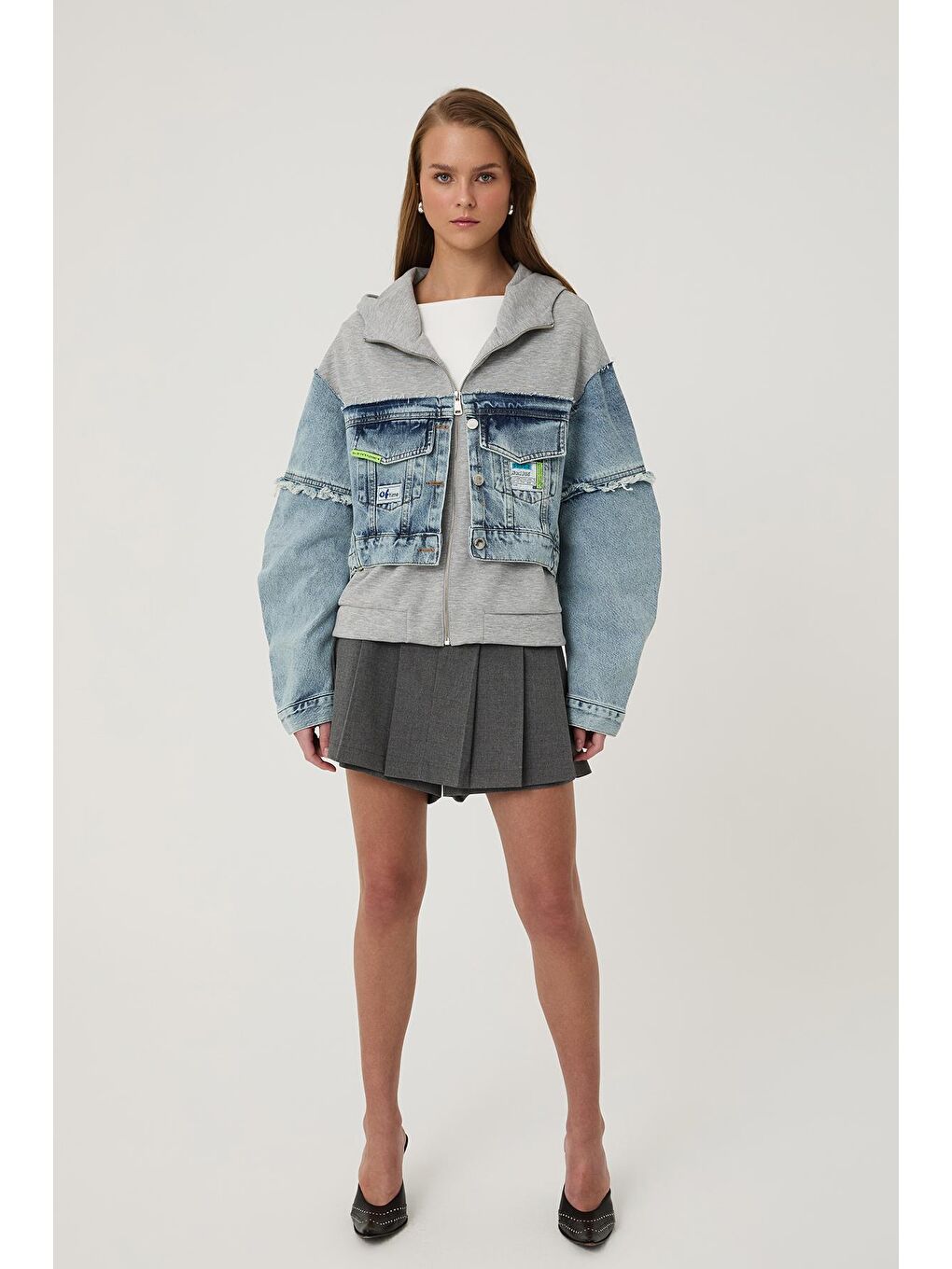 Garni Detaylı Kapüşonlu jean  Ceket Mavi-2