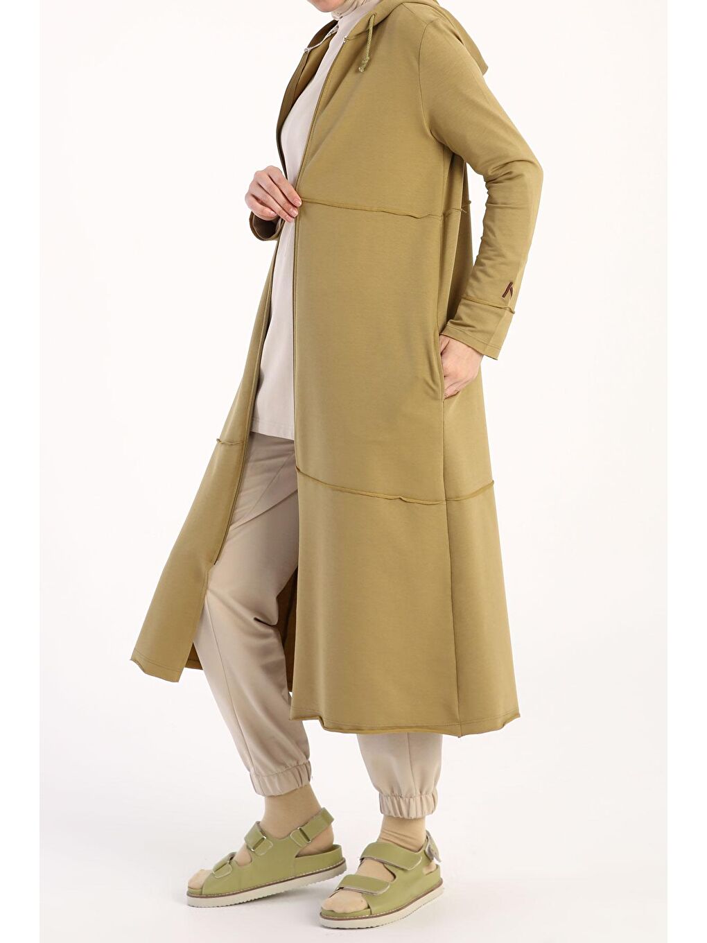 Yağ Yeşili Pamuklu Kapüşonlu Hırka-2