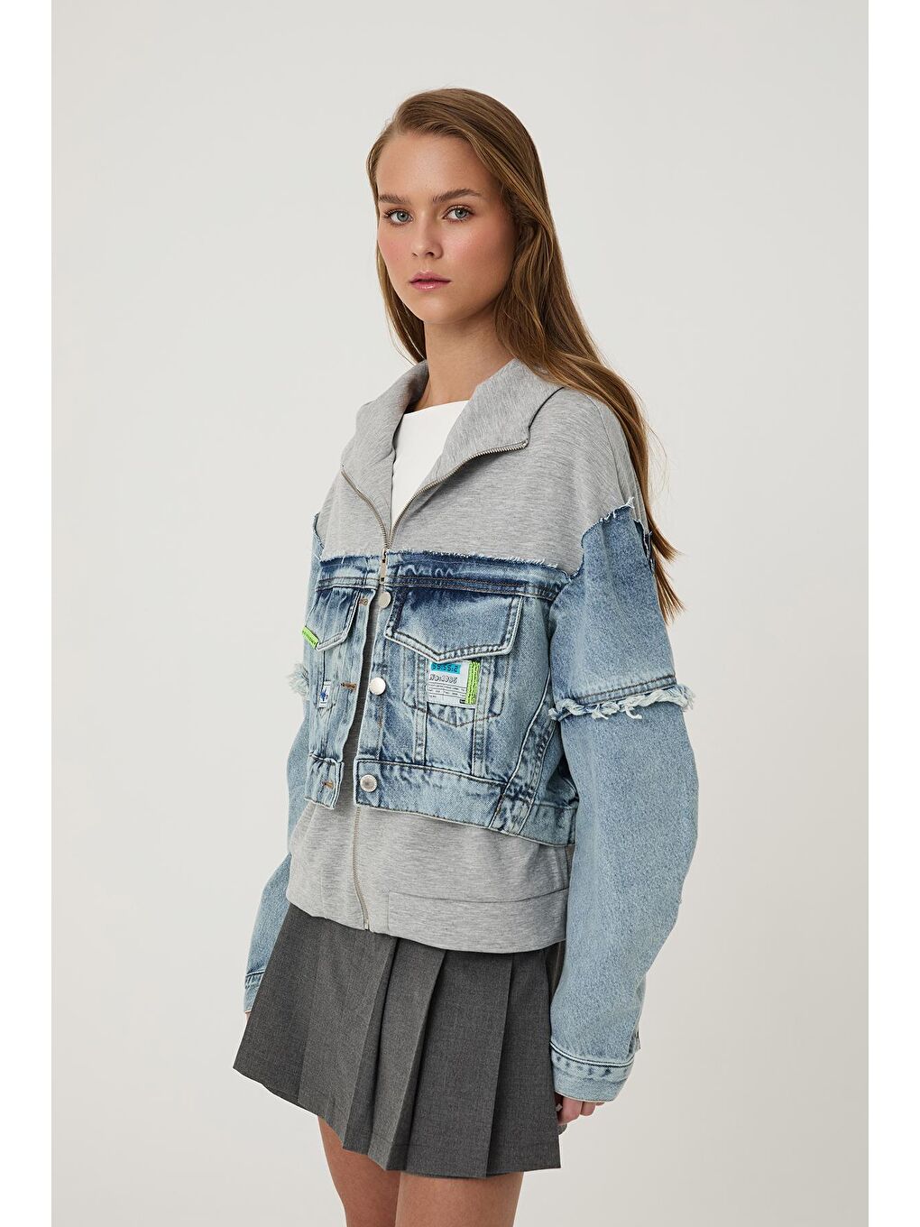 Garni Detaylı Kapüşonlu jean  Ceket Mavi-3