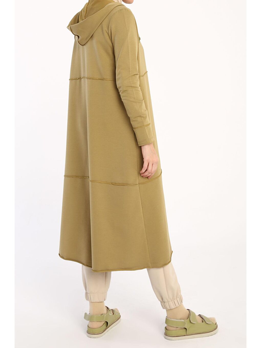 Yağ Yeşili Pamuklu Kapüşonlu Hırka-3