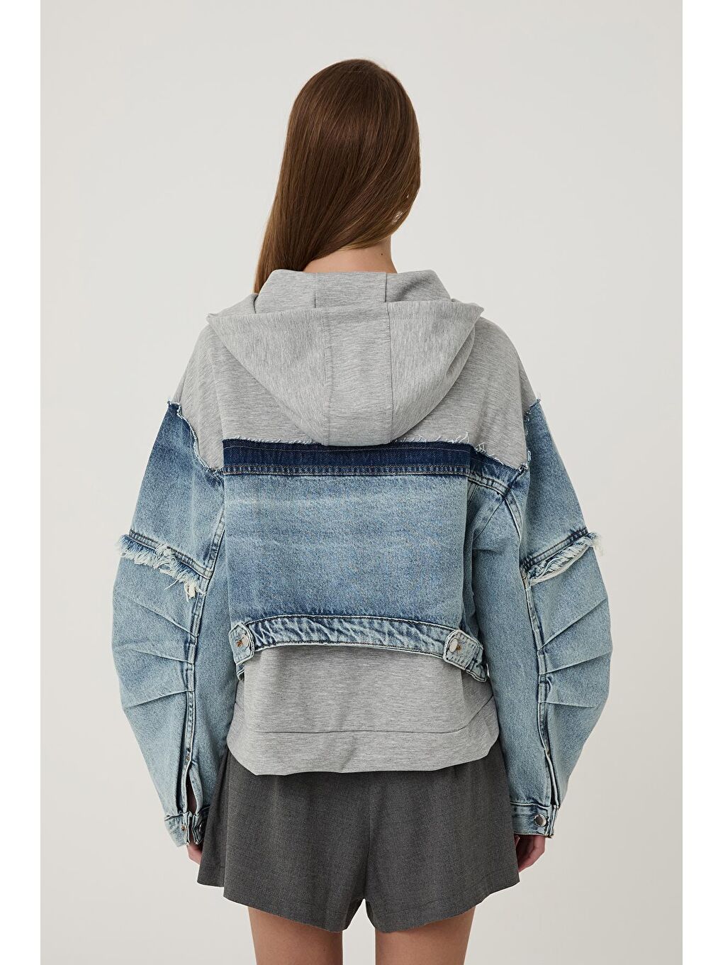 Garni Detaylı Kapüşonlu jean  Ceket Mavi-4