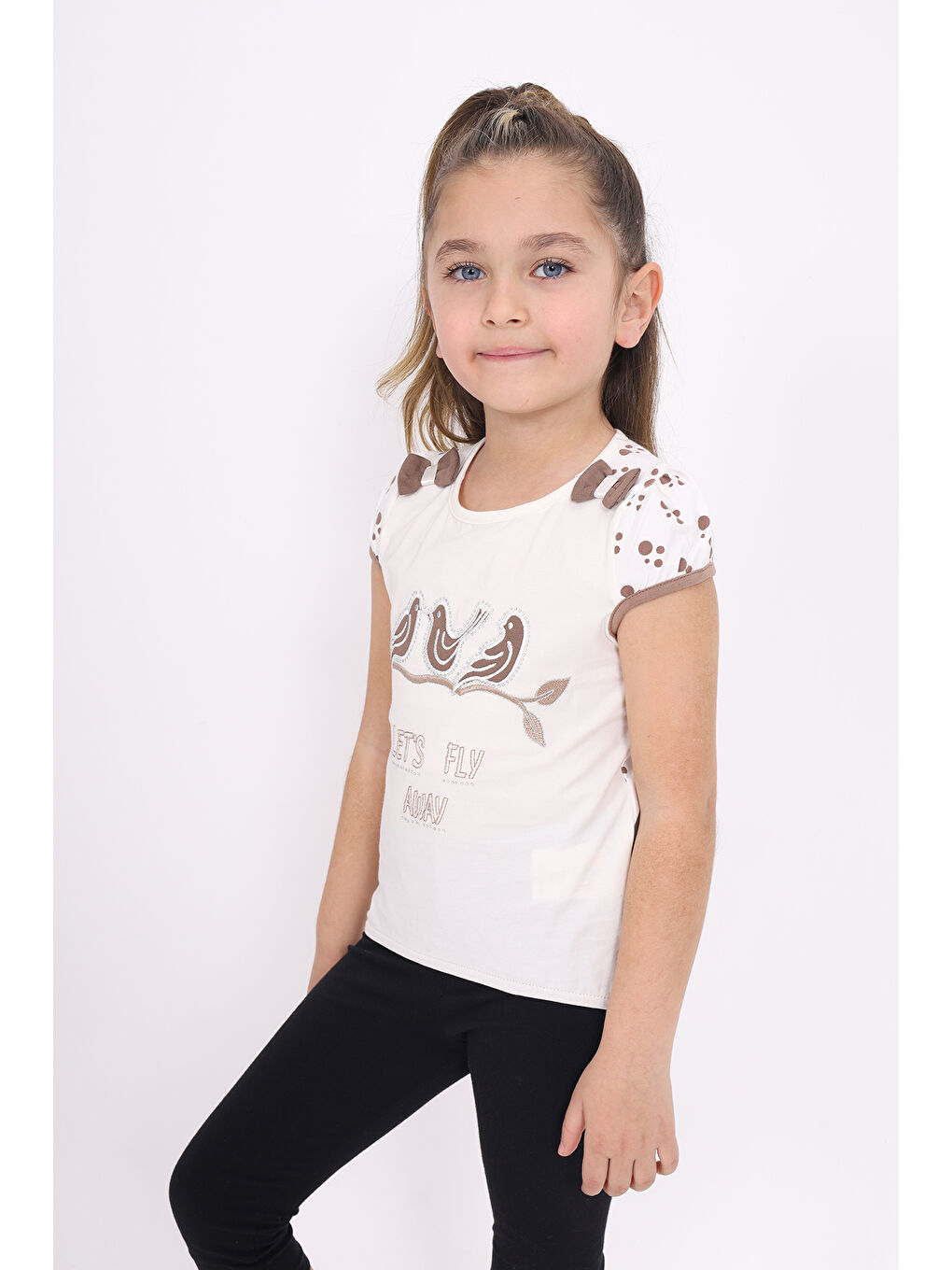 Ekru Kız Çocuk Nakış Detaylı Tişört-1
