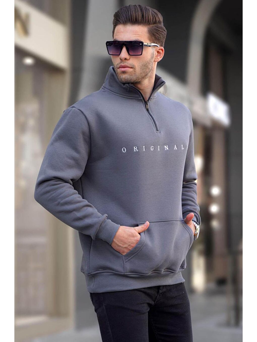 Madmext Füme Fermuar Yaka Nakışlı Sweatshirt 6028