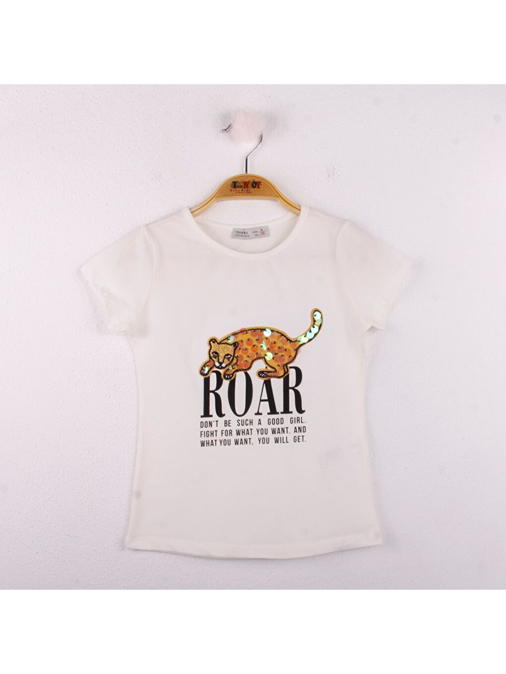 Ekru Kız Çocuk Leopar Baskılı Pullu Tişört