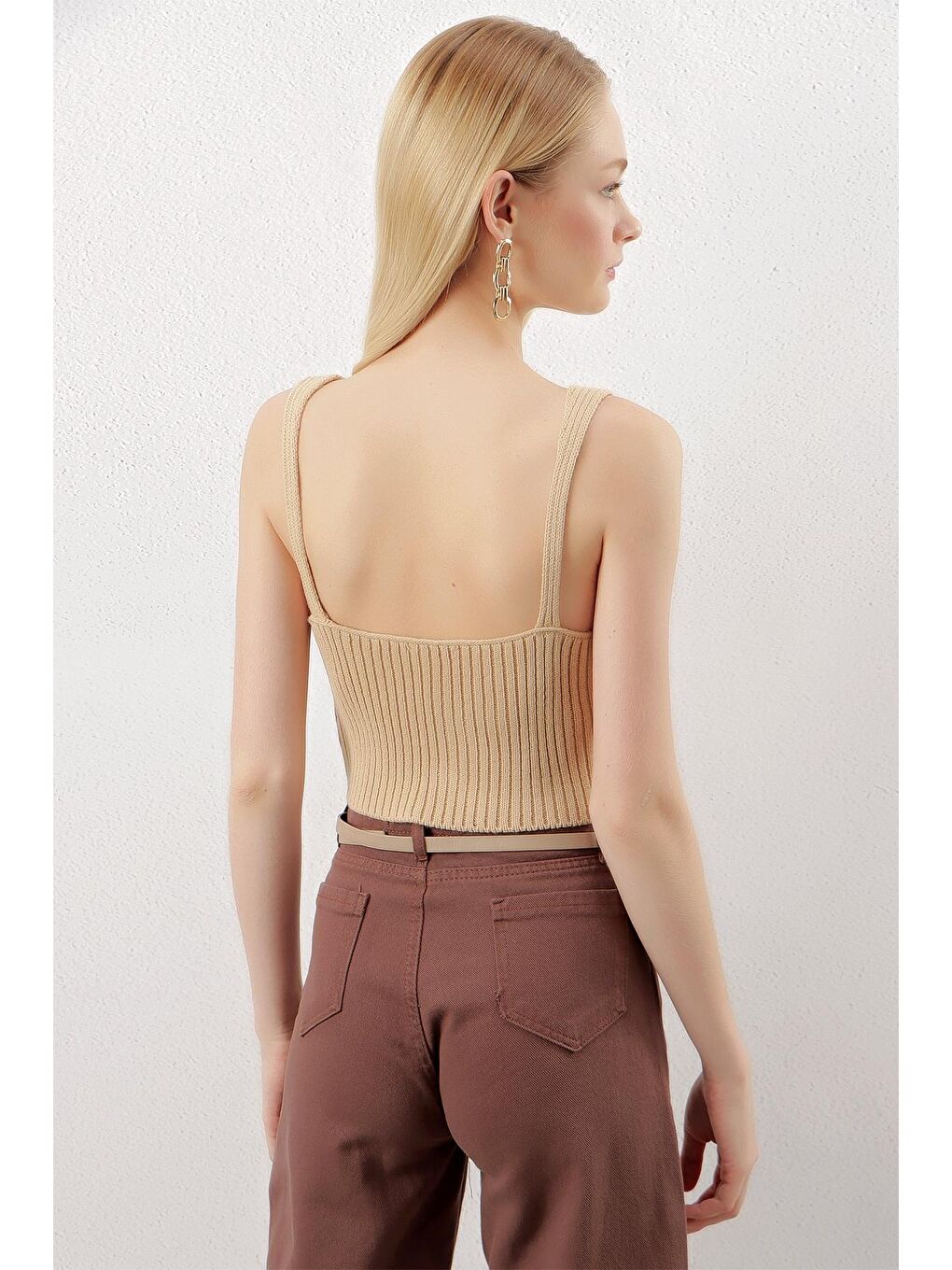 Bej Kadın Taş Askılı V Yaka Triko Crop-4
