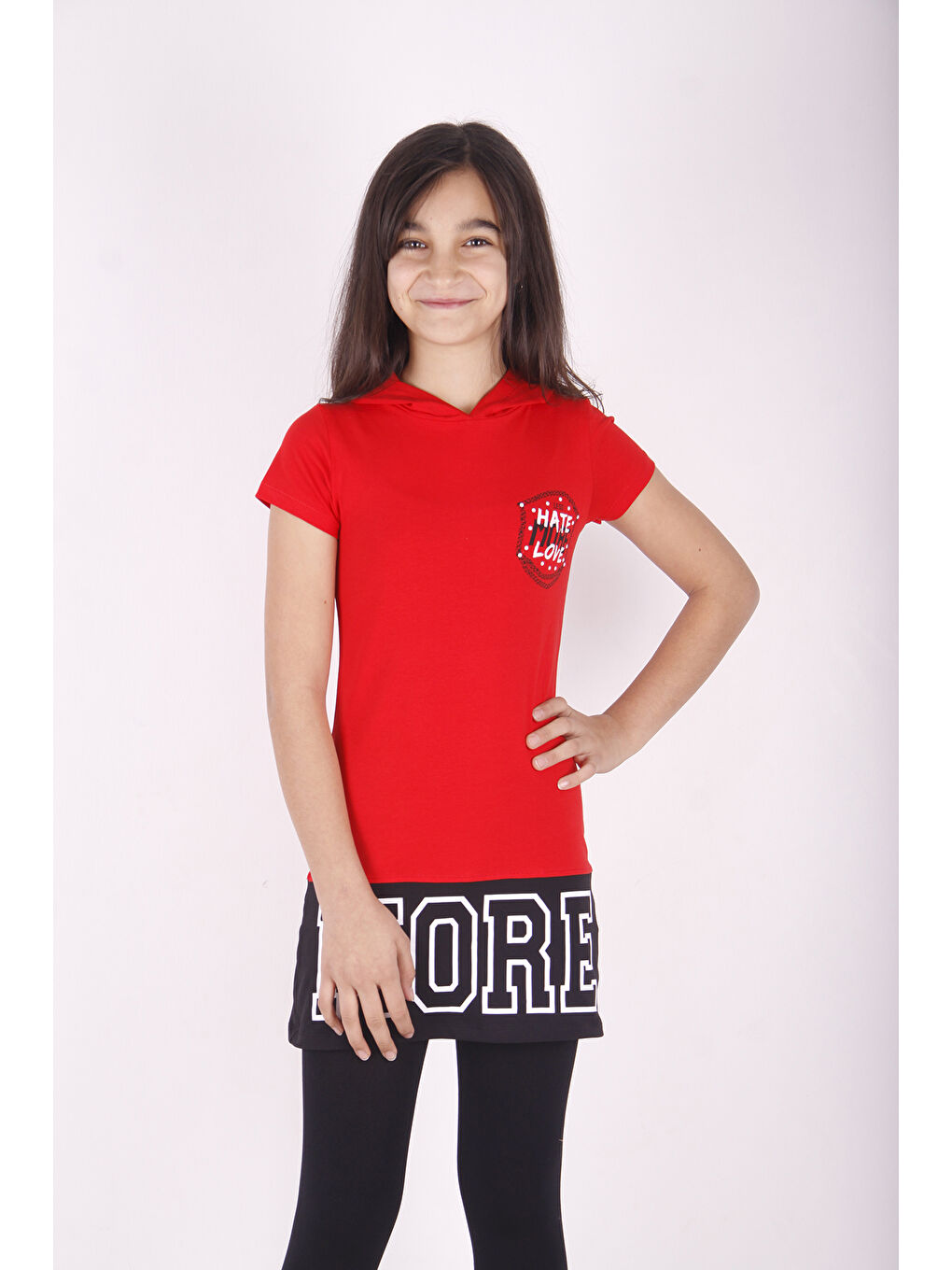 Kırmızı Kız Çocuk Kapüşonlu Baskılı Tişört-2