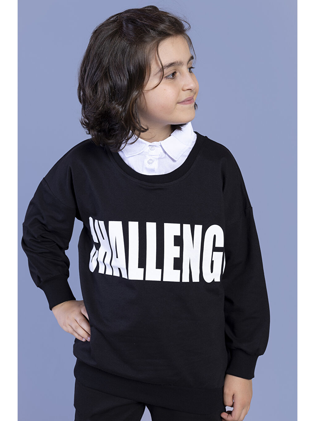 Siyah Erkek Çocuk Baskılı Gömlek Yaka Sweatshirt