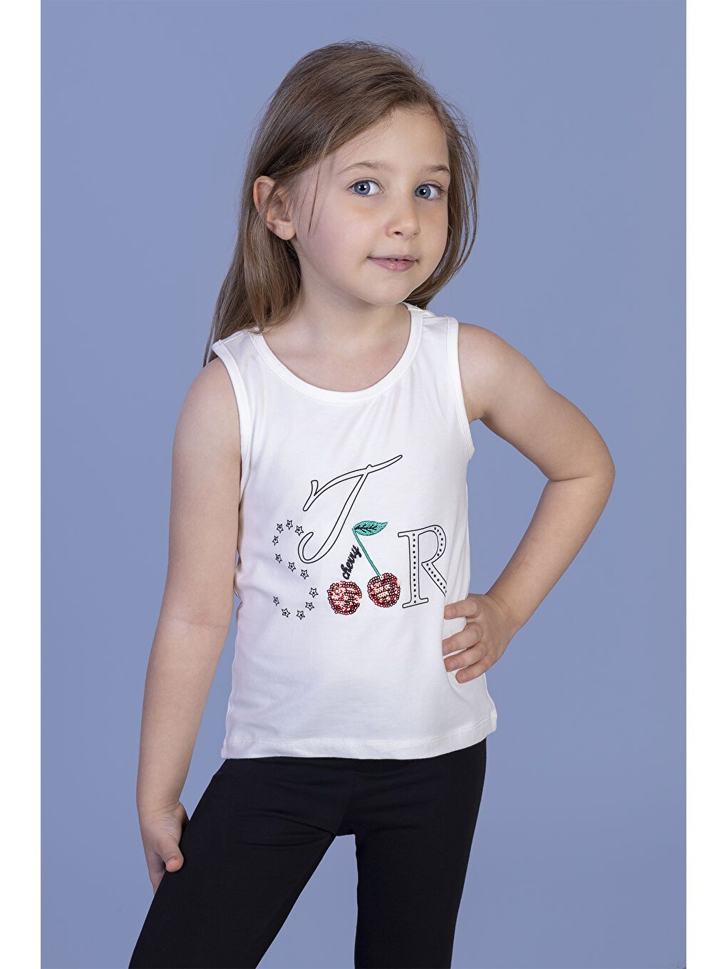 Ekru Kız Çocuk Kiraz Nakışlı Atlet-1