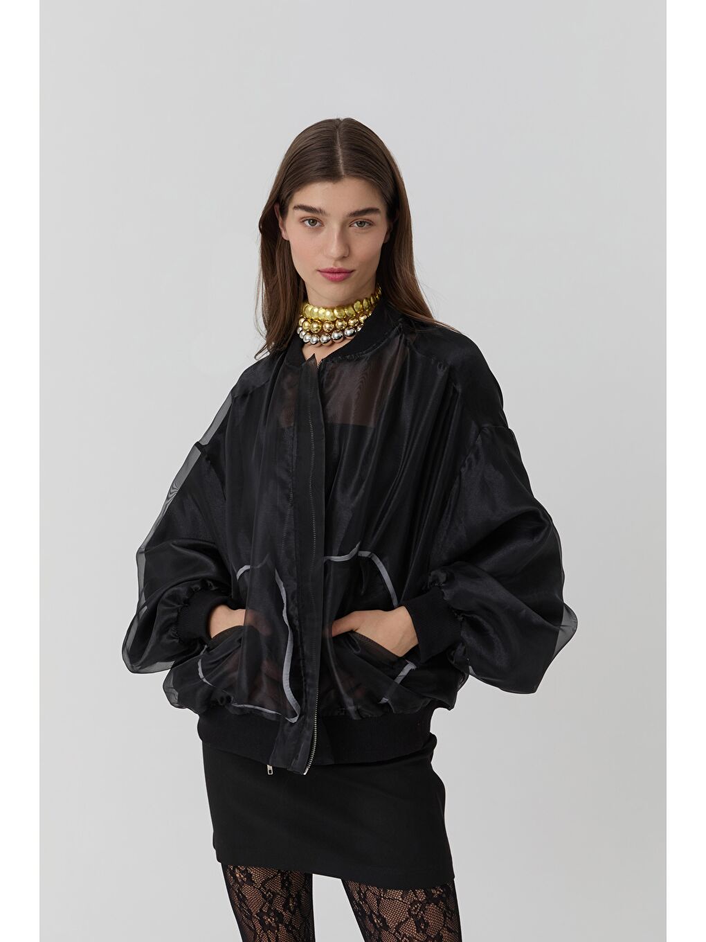 Cep Detaylı Organze Tül Ceket Siyah