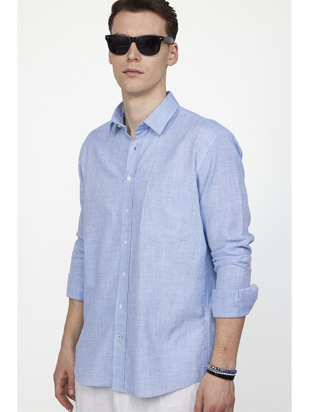 Klasik Fit Uzun Kol Keten Efekt Düz Biyeli Mavi Gömlek