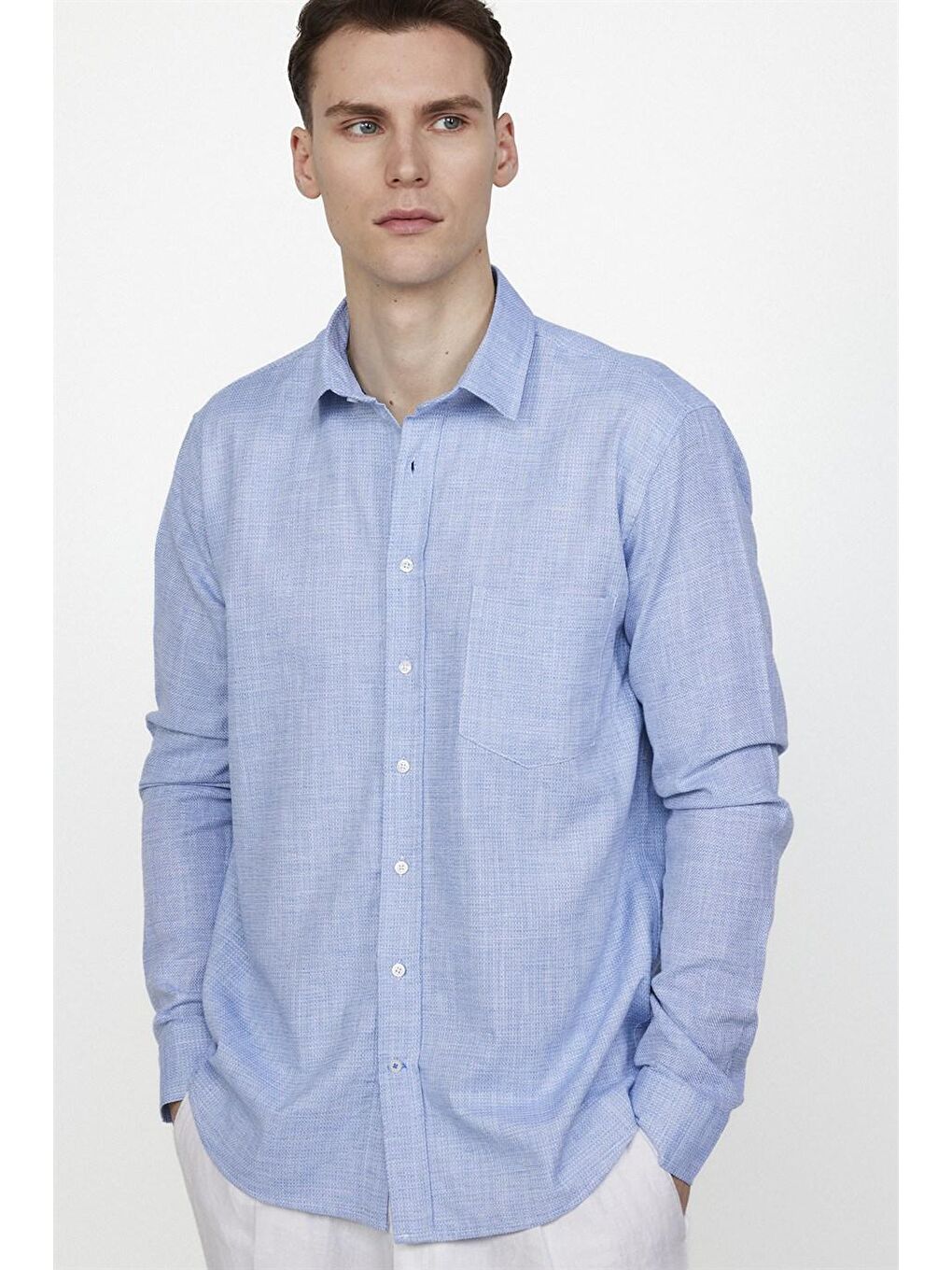 Klasik Fit Uzun Kol Keten Efekt Düz Biyeli Mavi Gömlek-1