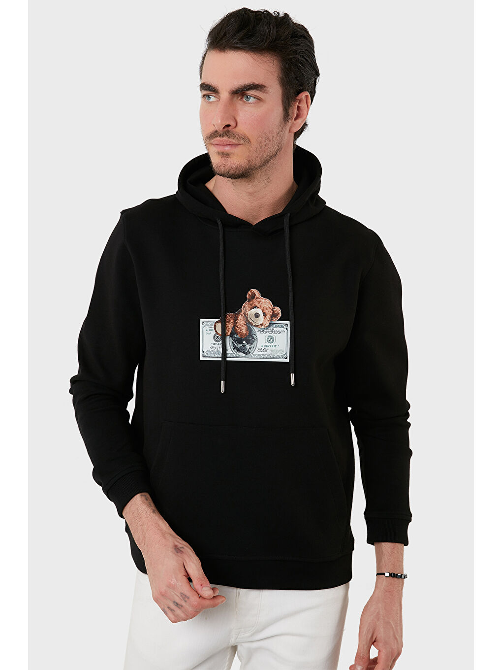 Siyah Pamuklu Regular Fit Baskılı Kanguru Cepli Kapüşonlu Sweat 6141004B-3