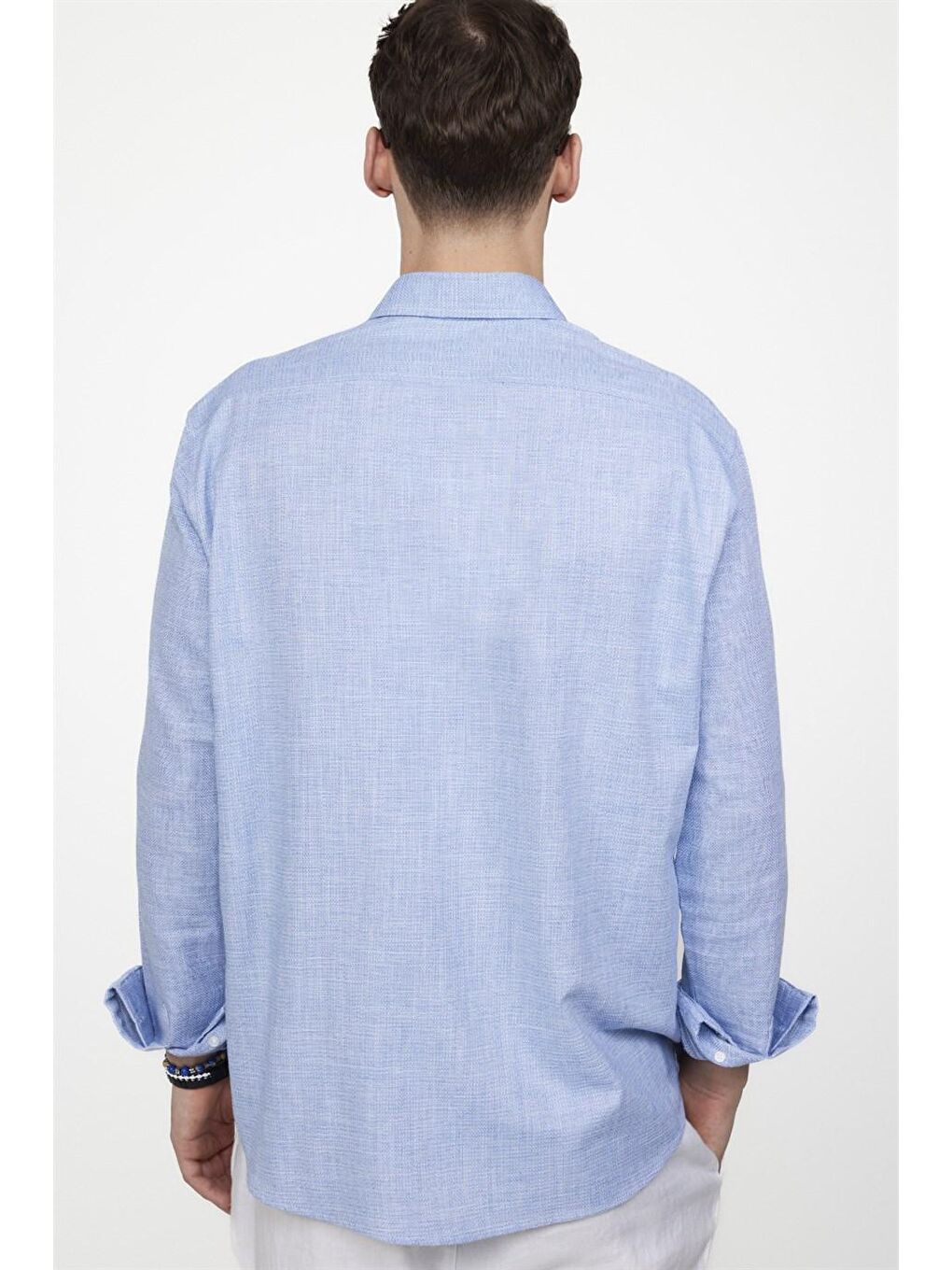 Klasik Fit Uzun Kol Keten Efekt Düz Biyeli Mavi Gömlek-3